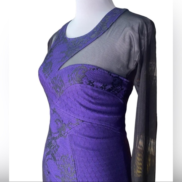 BCBGMAXAZRIA -Purple Black Lace Mesh Long Sleeve Bodycon Dress Size 10 - Picture 3 of 7